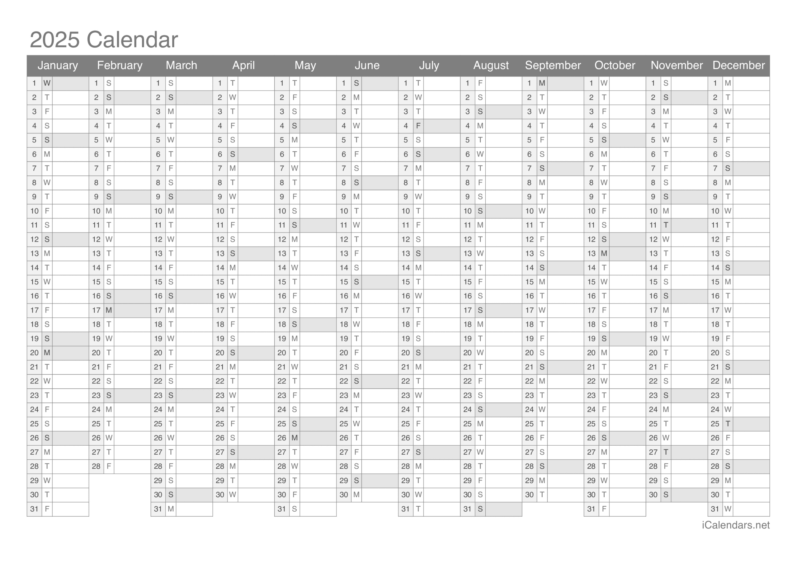 2025 Printable Calendar - Pdf Or Excel | 1 Year Calendar 2025 Printable