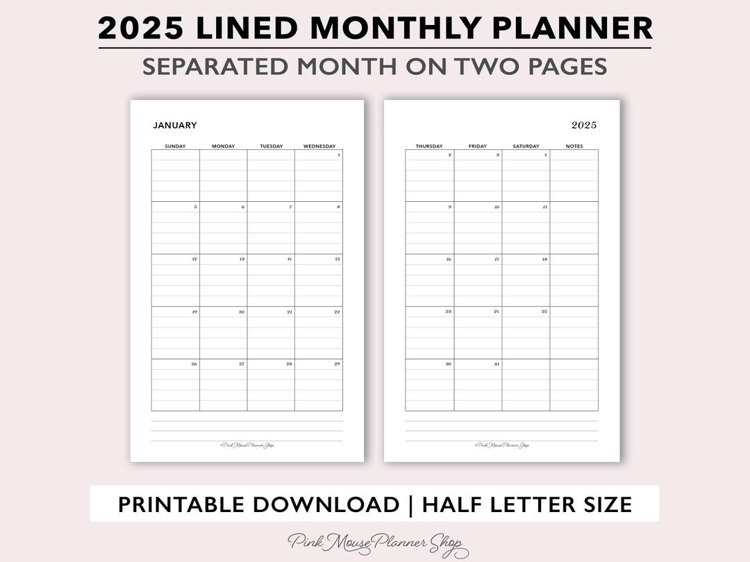 2025 Printable Lined Monthly Planner Inserts, Two Page Monthly | Printable Lined Calendar 2025