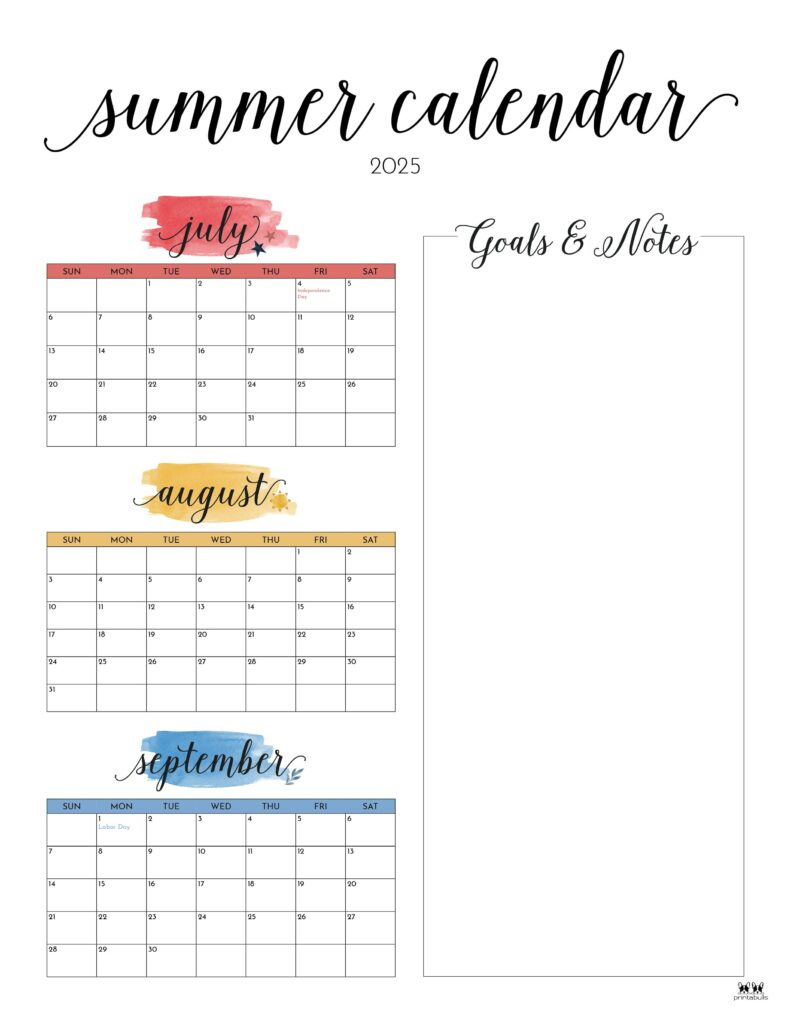 2025 Summer Calendars - 27 Free Printables | Printabulls | 2025 Summer Calendar Printable