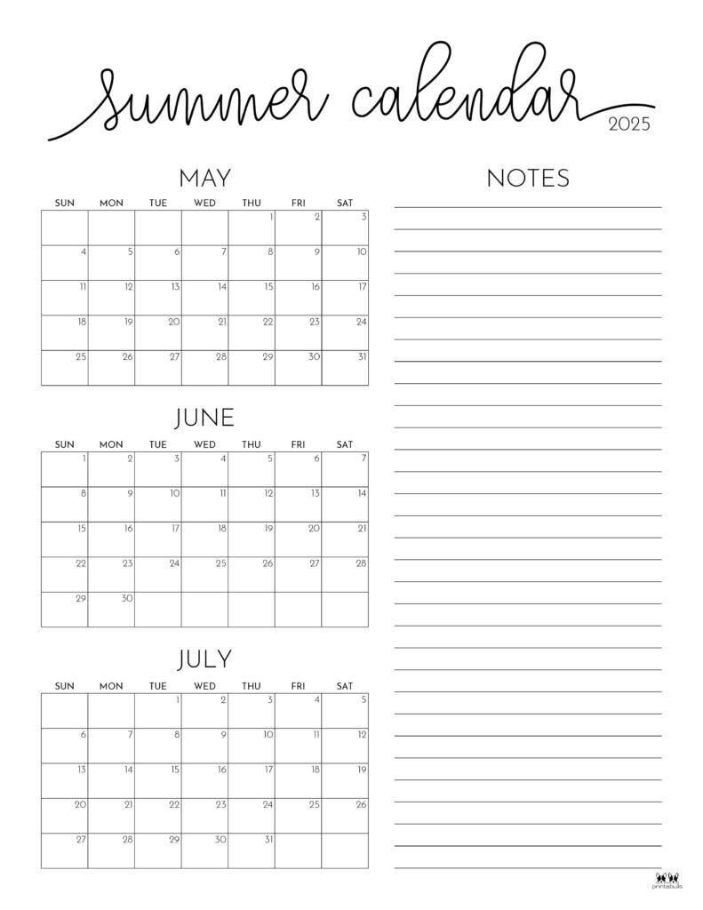 2025 Summer Calendars - 27 Free Printables | Printabulls | 2025 Summer Calendar Printable