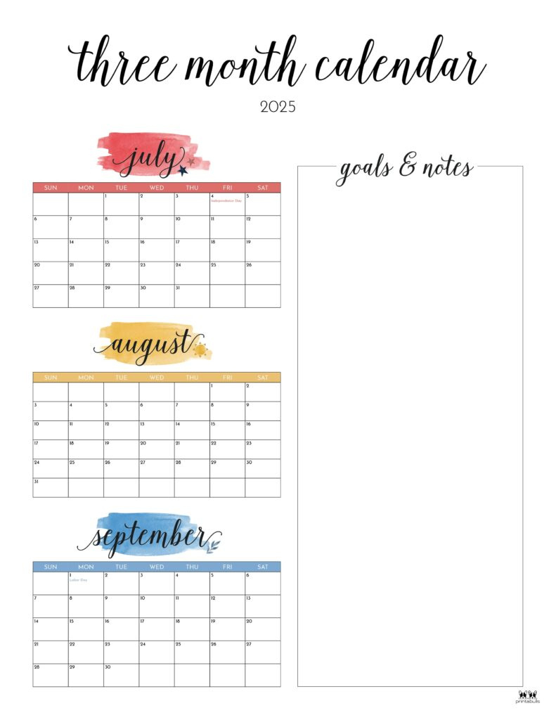 2025 Three Month/Quarterly Calendars - 36 Free Cals | Printabulls | 3 Month Calendar Printable 2025