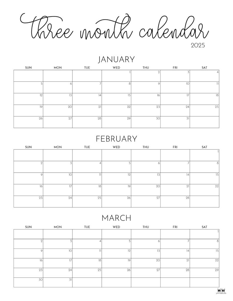 2025 Three Month/Quarterly Calendars - 36 Free Cals | Printabulls | 3 Month Calendar Printable 2025