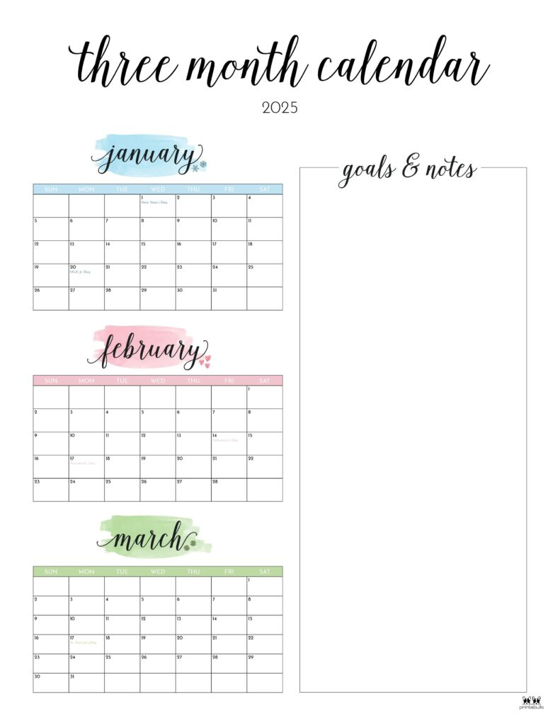 2025 Three Month/Quarterly Calendars - 36 Free Cals | Printabulls | Printable Three Month Calendar 2025