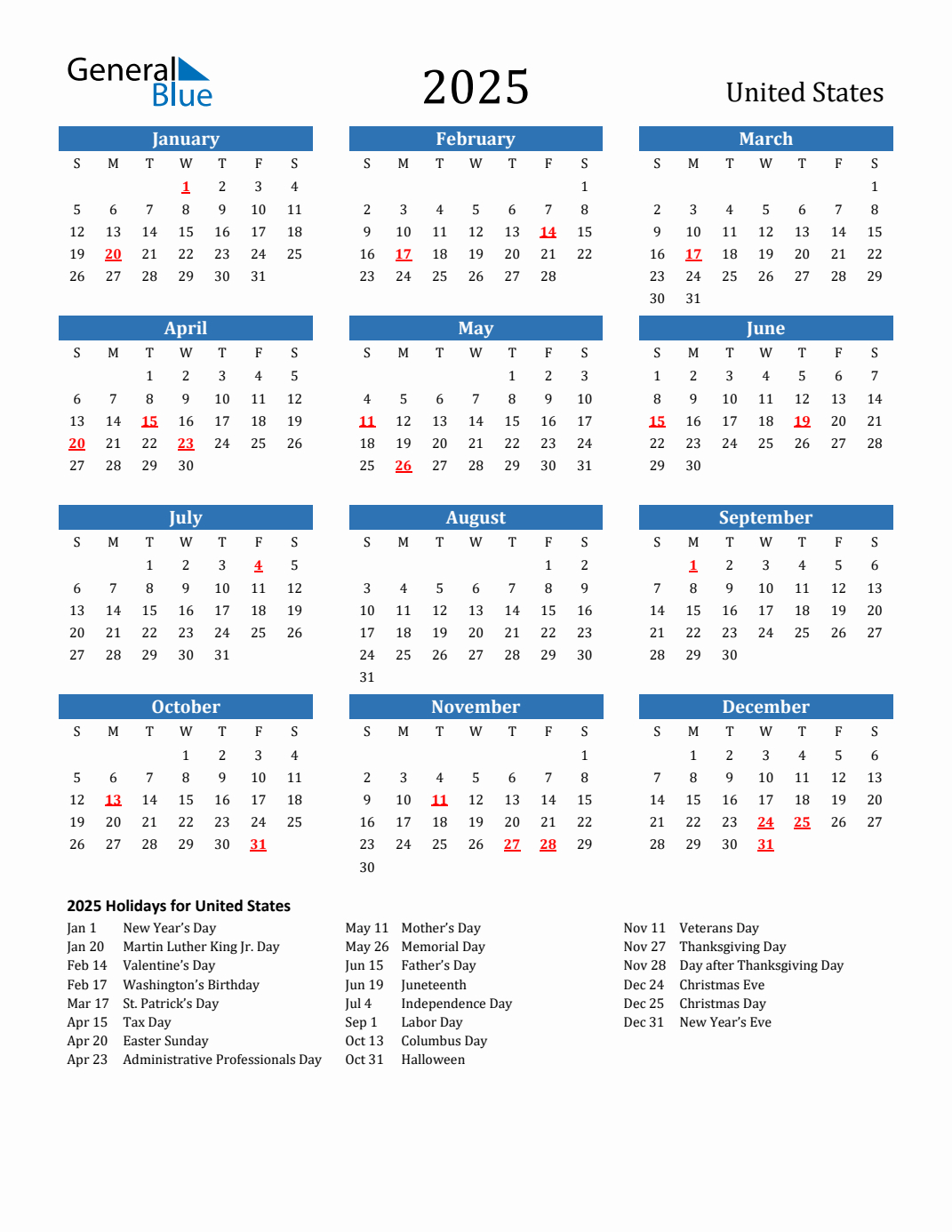 2025 United States Calendar With Holidays | 2025 Calendar with Holidays Free Printable