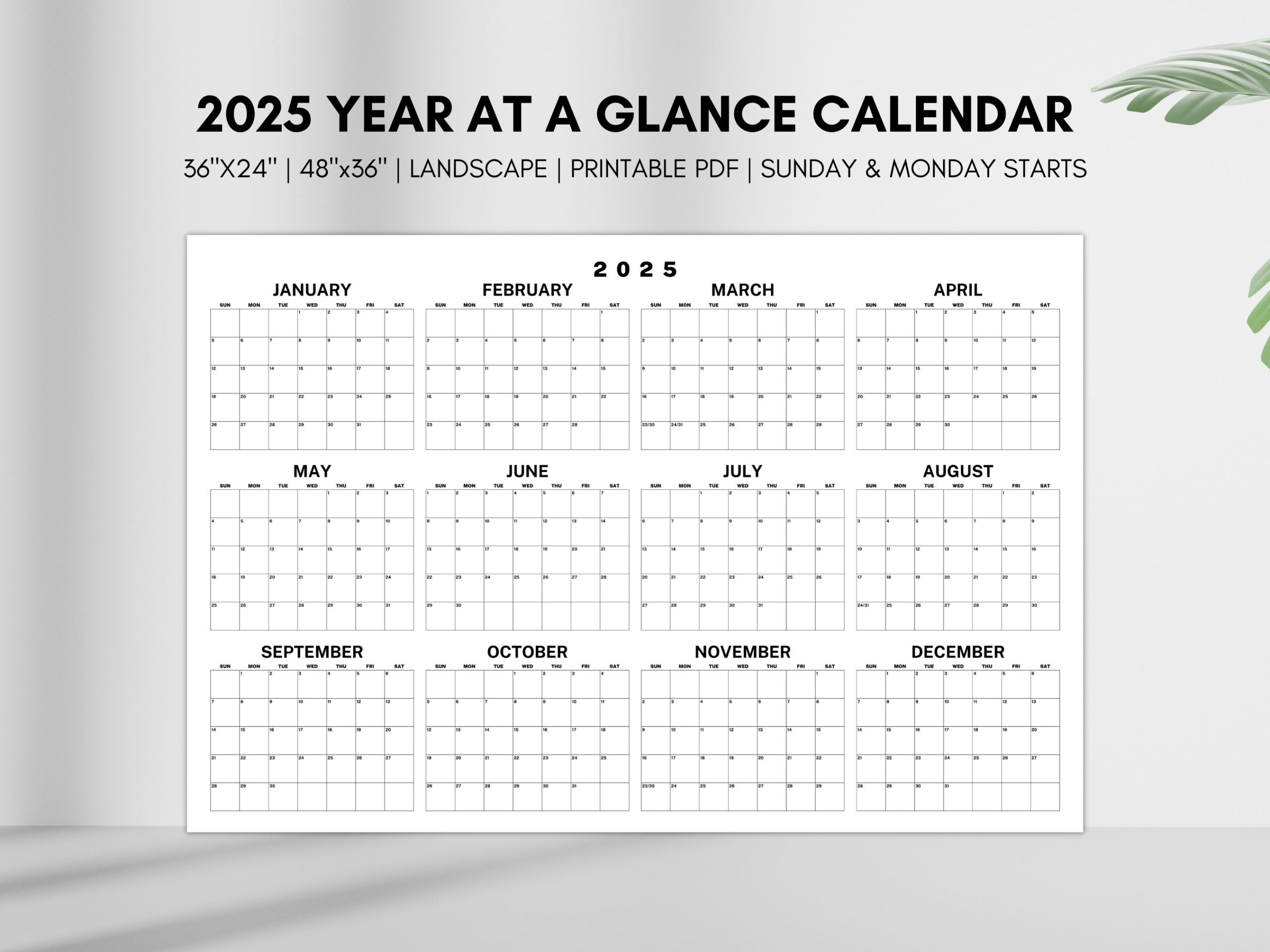 2025 Year At A Glance Calendar, Large Horizontal 2025 Calendar | 2025 At A Glance Calendar Printable