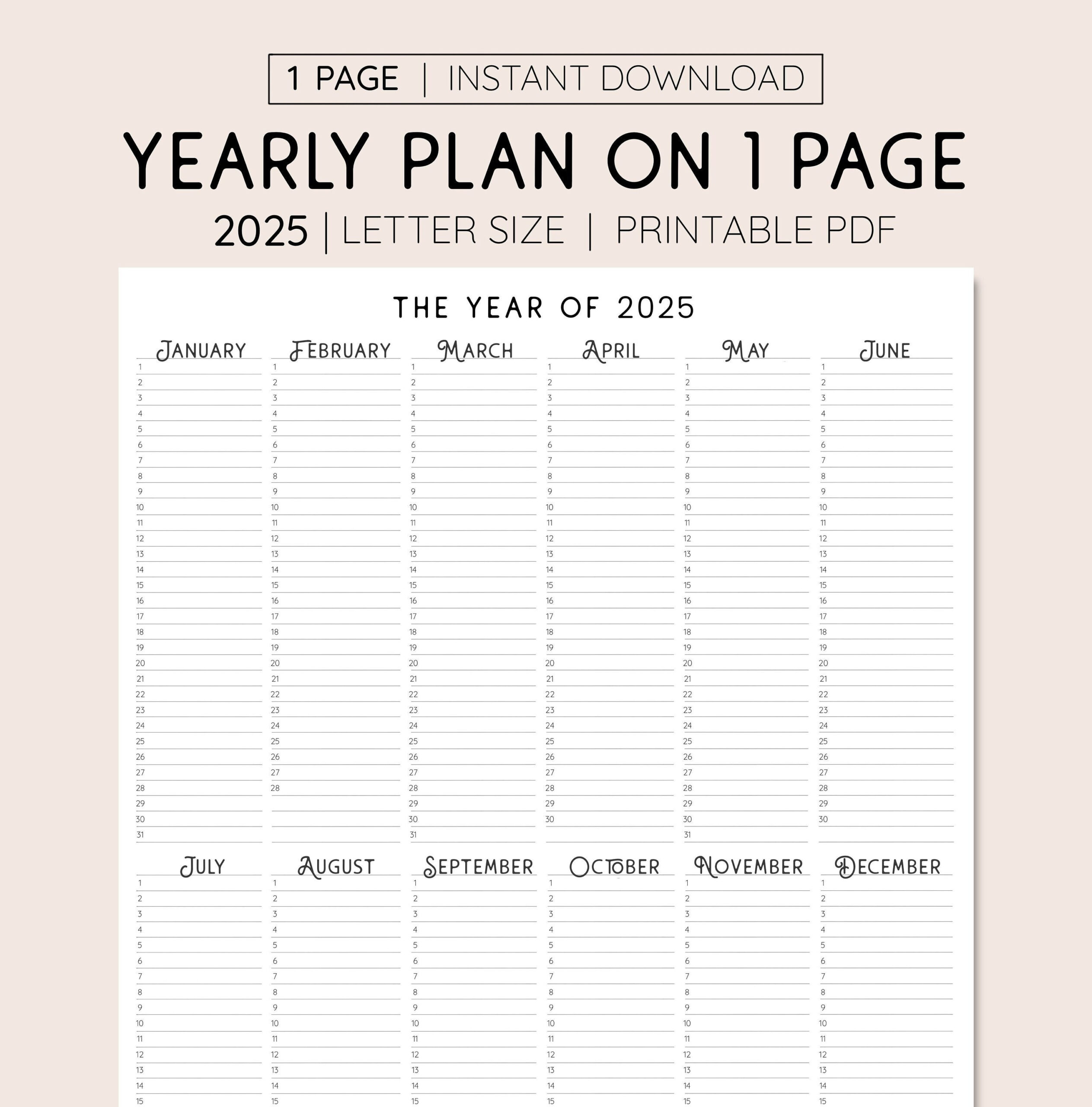 2025 Year At A Glance, Instant Download, Yearly Overview | 2025 Calendar Planner Printable