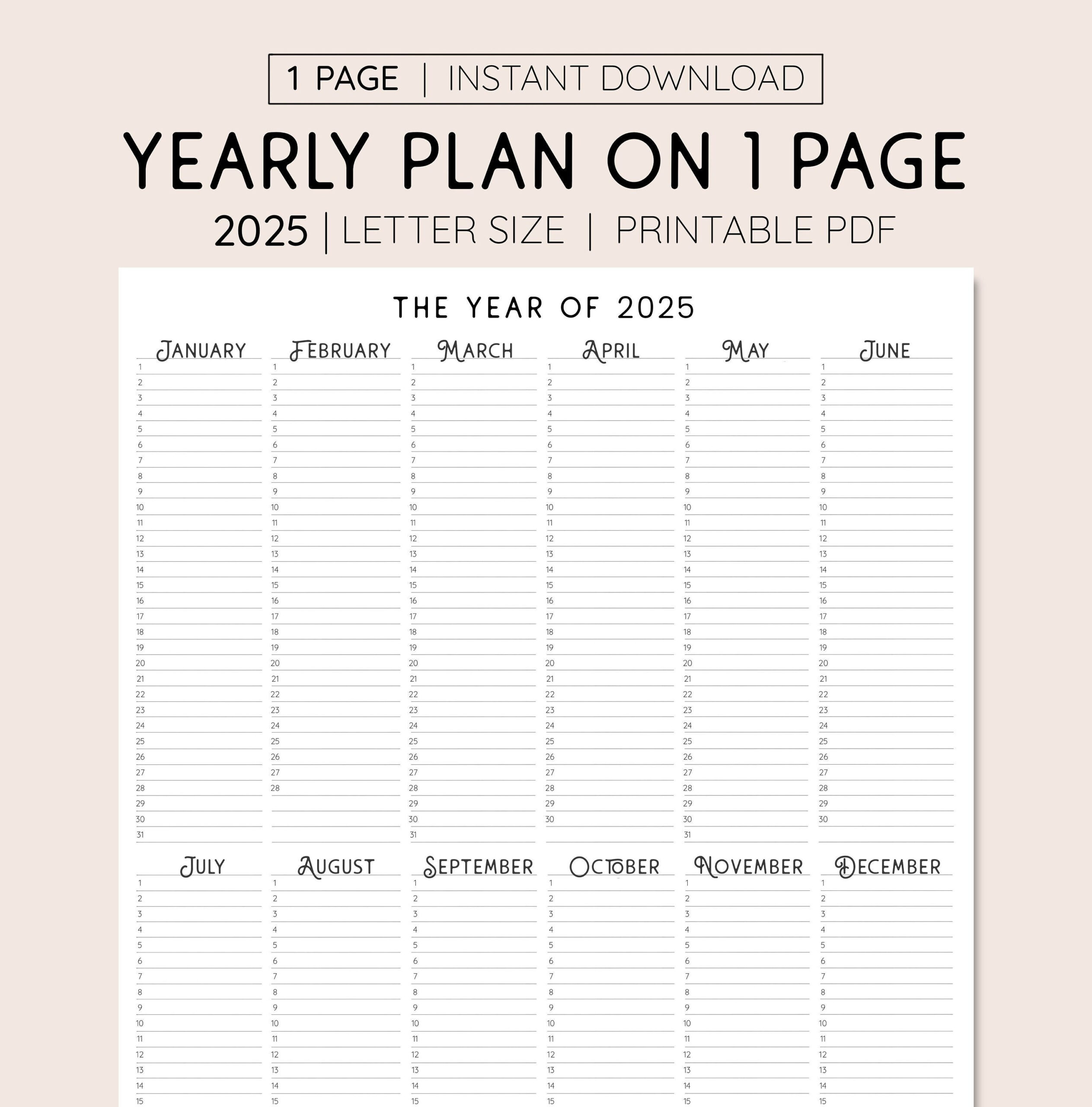 2025 Year At A Glance, Instant Download, Yearly Overview |  Calendar 2025