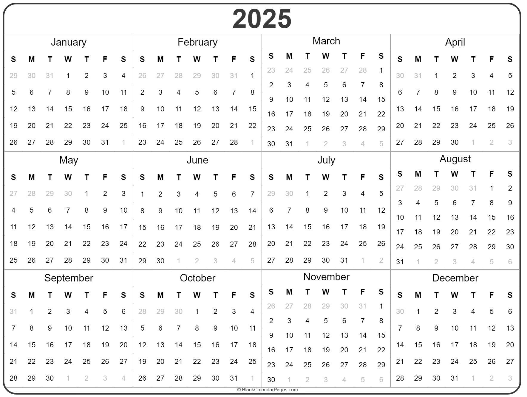 2025 Year Calendar | Yearly Printable | 2025 Annual Printable Calendar