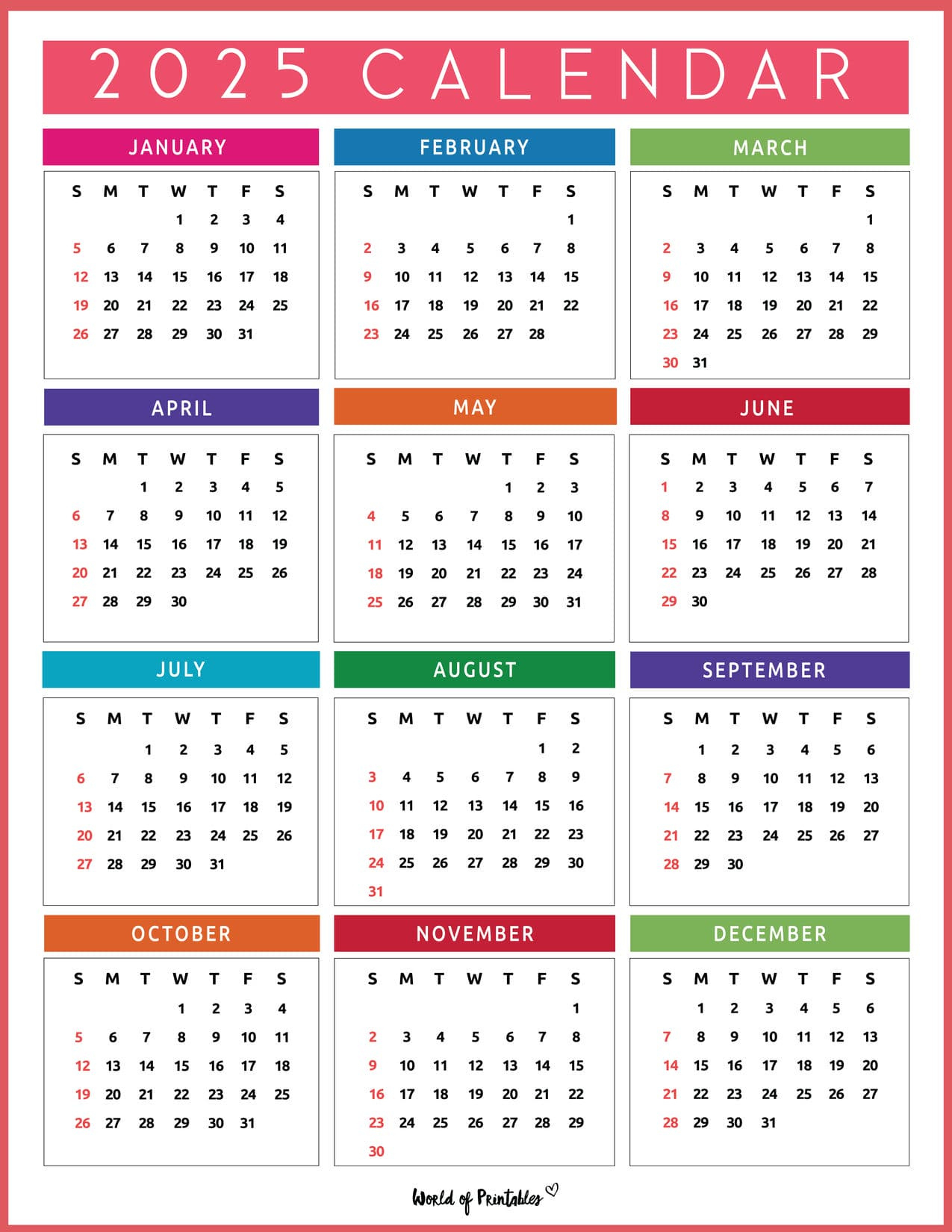 2025 Year Calendars - 70 Best Printables - World Of Printables | 12 Month Printable Calendar 2025 One Page