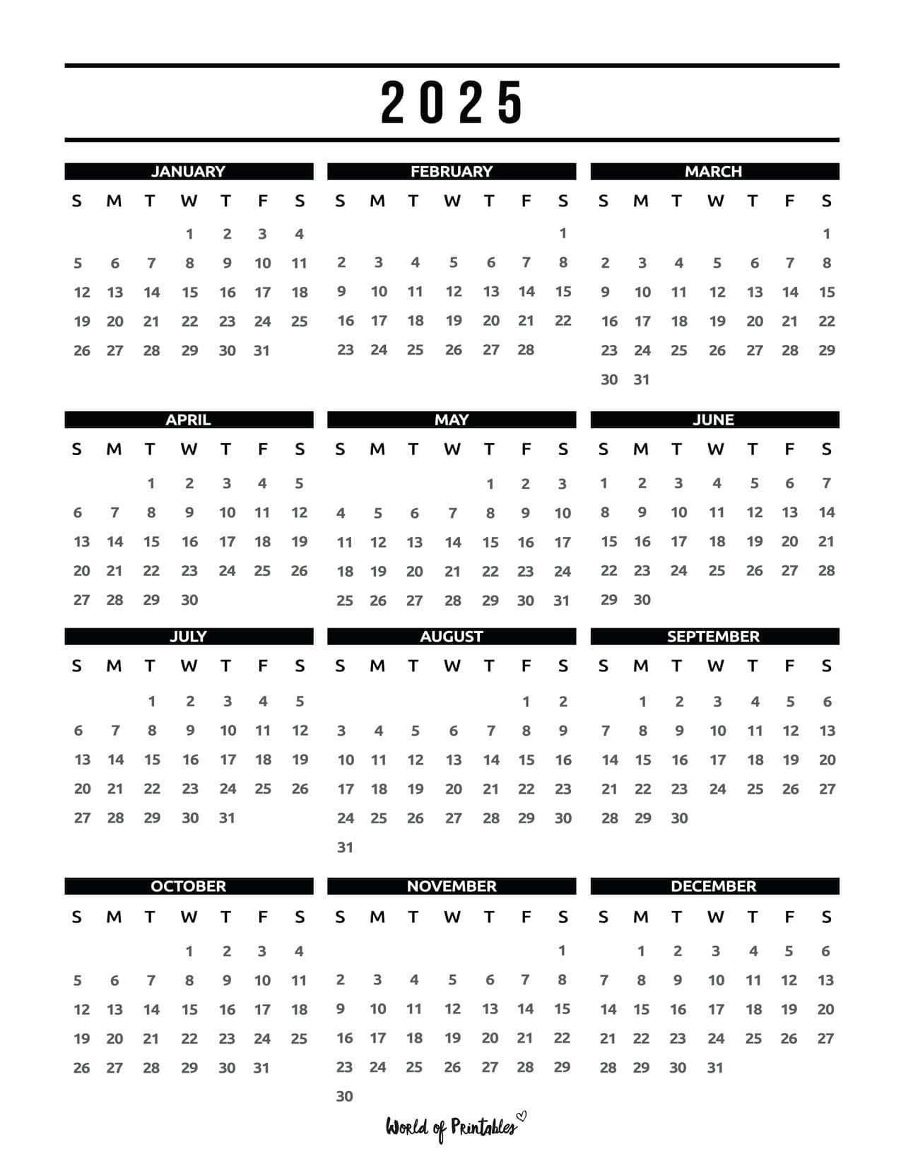 2025 Year Calendars - 70 Best Printables - World Of Printables | 2025 Calendar On One Page Printable