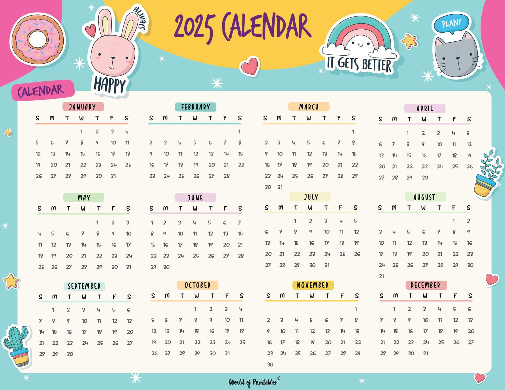 2025 Year Calendars - 70 Best Printables - World Of Printables | 2025 Calendar Printable Cute