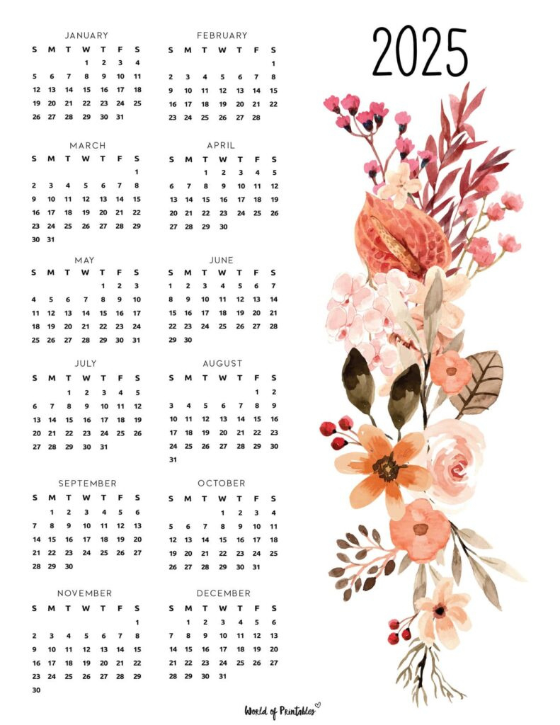 2025 Year Calendars - 70 Best Printables - World Of Printables | 2025 Calendar Printable Floral