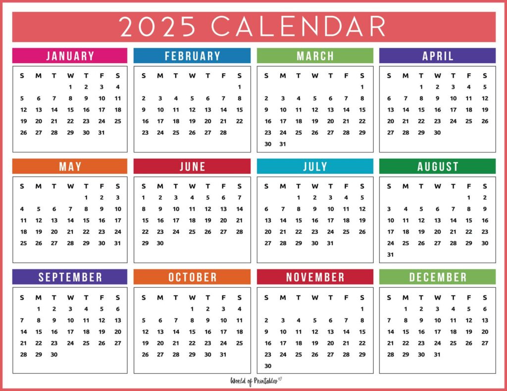 2025 Year Calendars - 70 Best Printables - World Of Printables | 2025 Color Calendar Printable