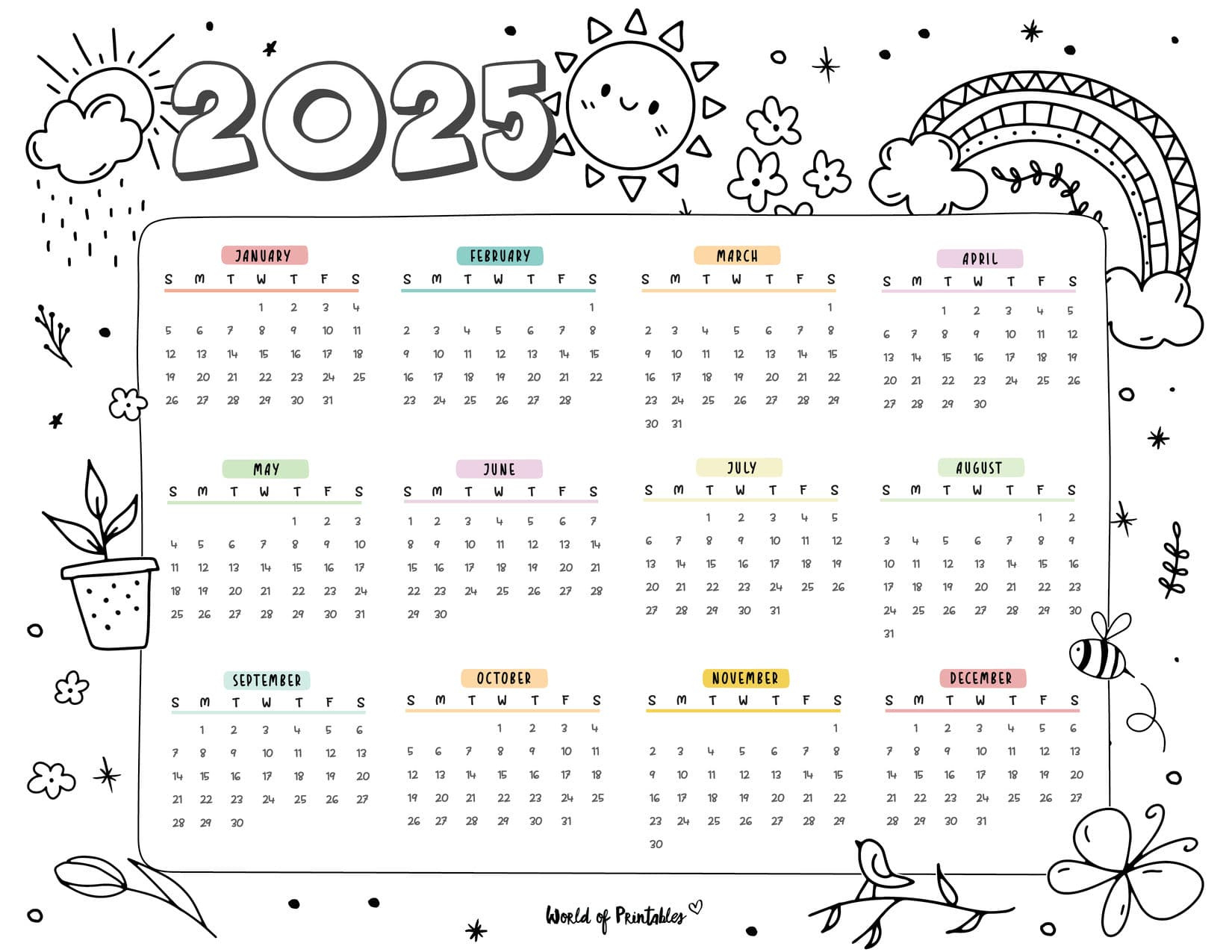 2025 Year Calendars - 70 Best Printables - World Of Printables | 2025 Coloring Calendar Printable Free