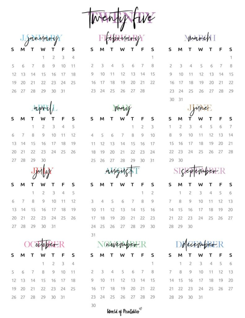 2025 Year Calendars - 70 Best Printables - World Of Printables | Free Calendar Printables 2025