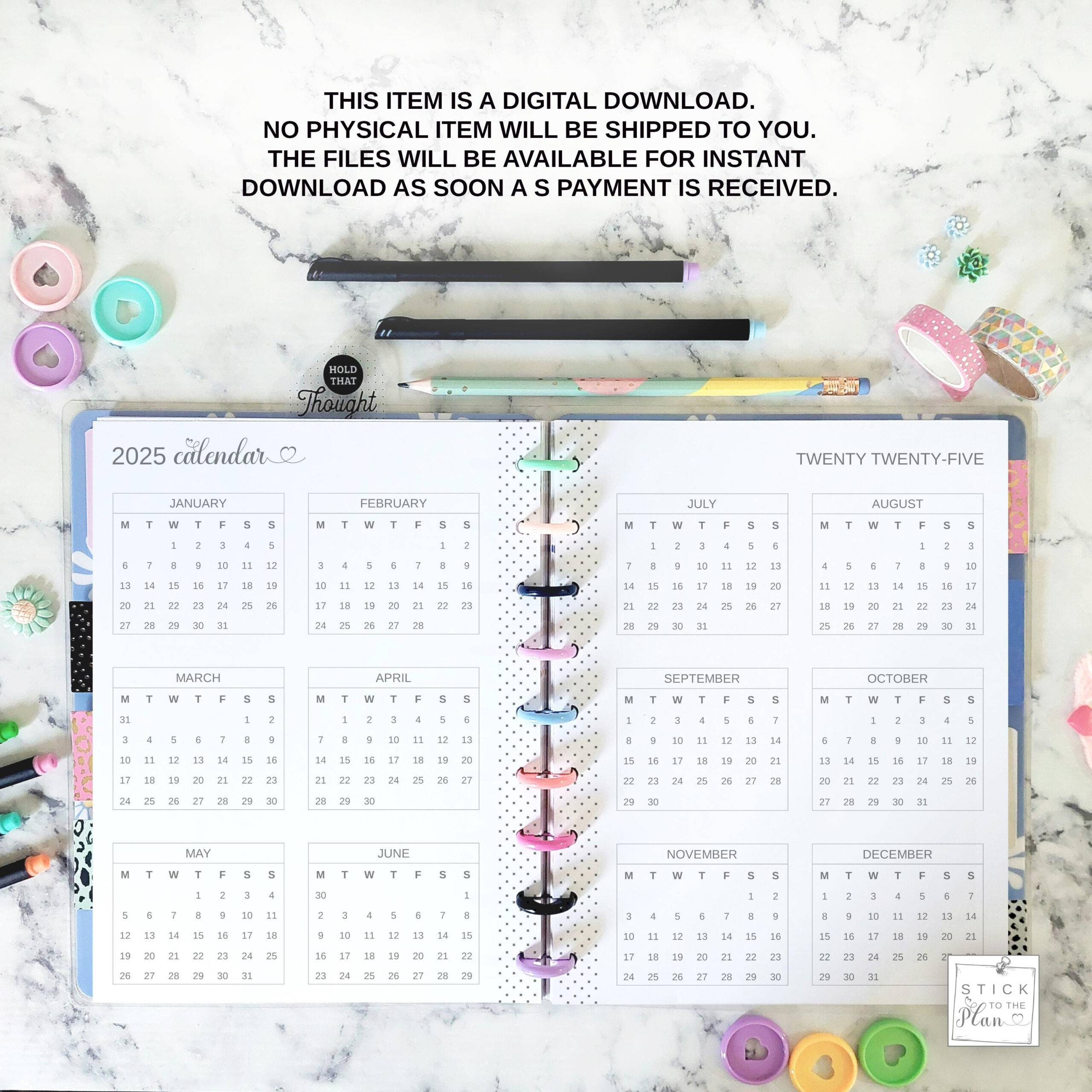 2025 Yearly Calendar Printable Happy Planner Classic Insert, Mini | Printable Calendar 2025 Hp