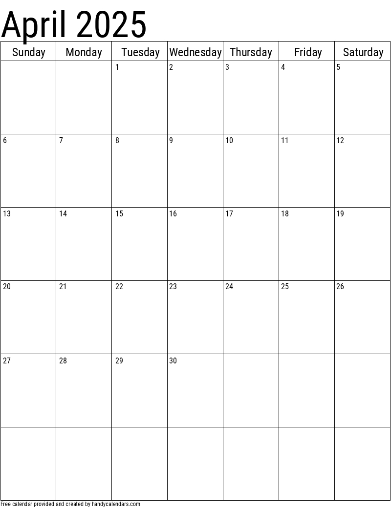 April 2025 Vertical Calendar - Handy Calendars |  Calendar 2025