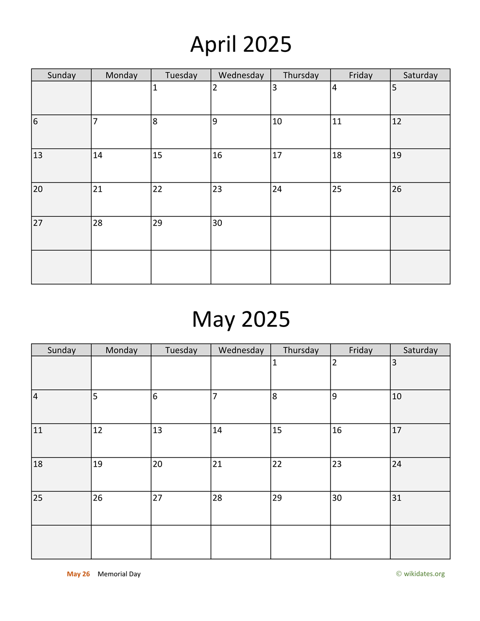 April And May 2025 Calendar | Wikidates |  Calendar 2025