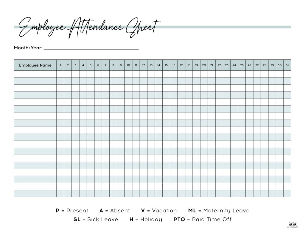 Attendance Sheets - 52 Free Printables | Printabulls | 2025 Attendance Calendar Printable Free Download