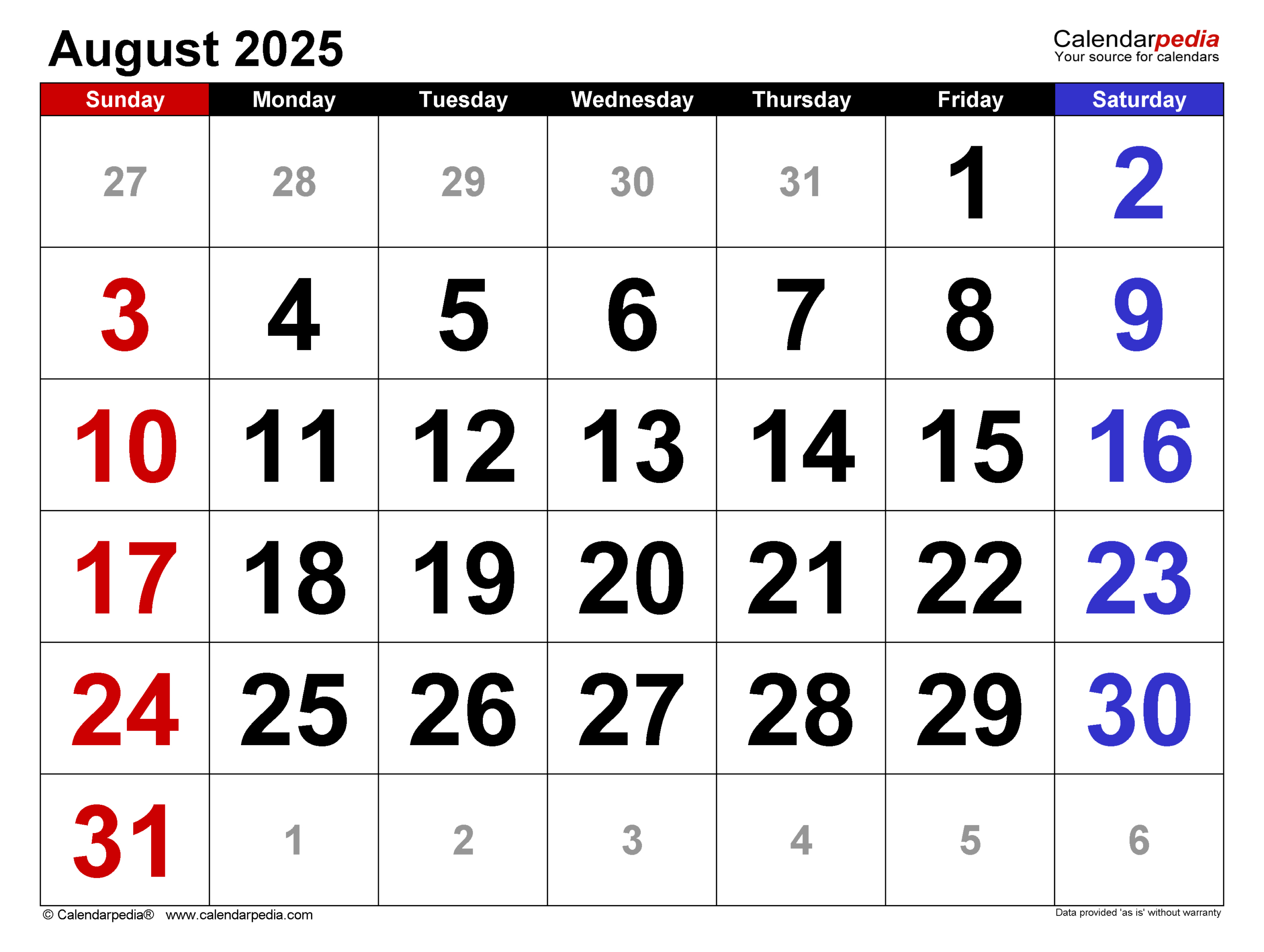 August 2025 Calendar | Templates For Word, Excel And Pdf | August 2025 Printable Calendar With Holidays