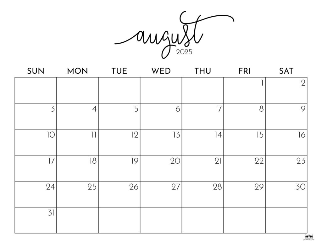 August 2025 Calendars - 107 Free Printables | Printabulls | 2025 August Calendar Printable