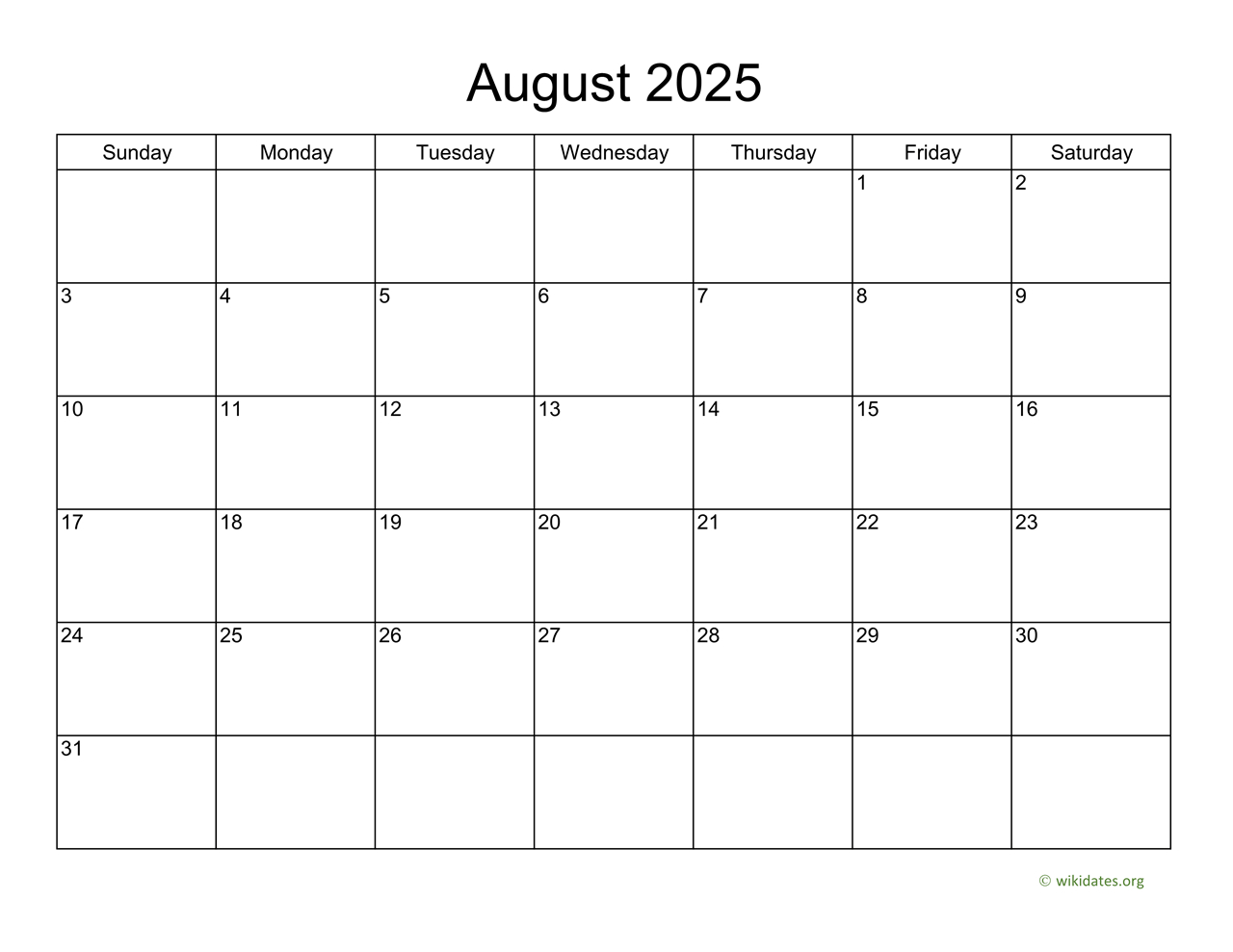 Basic Calendar For August 2025 | Wikidates |  Calendar 2025