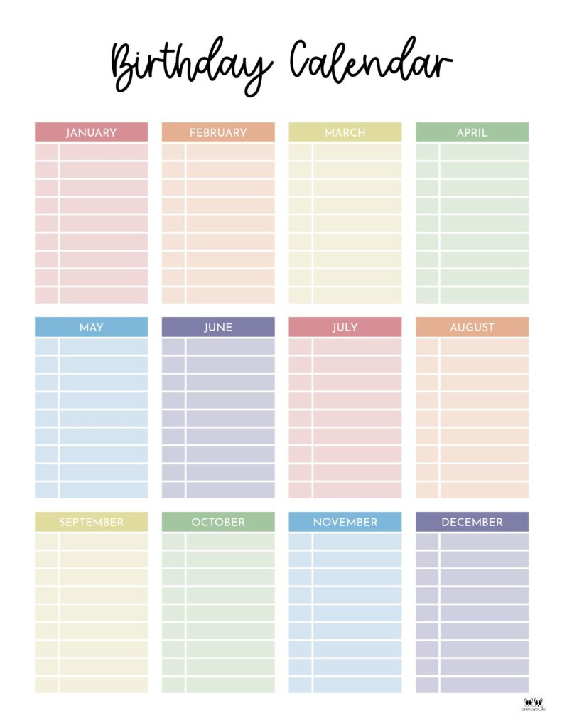 Birthday Calendars &amp;amp; Trackers - 20 Free Printables | Printabulls | Birthday Calendar 2025 Printable