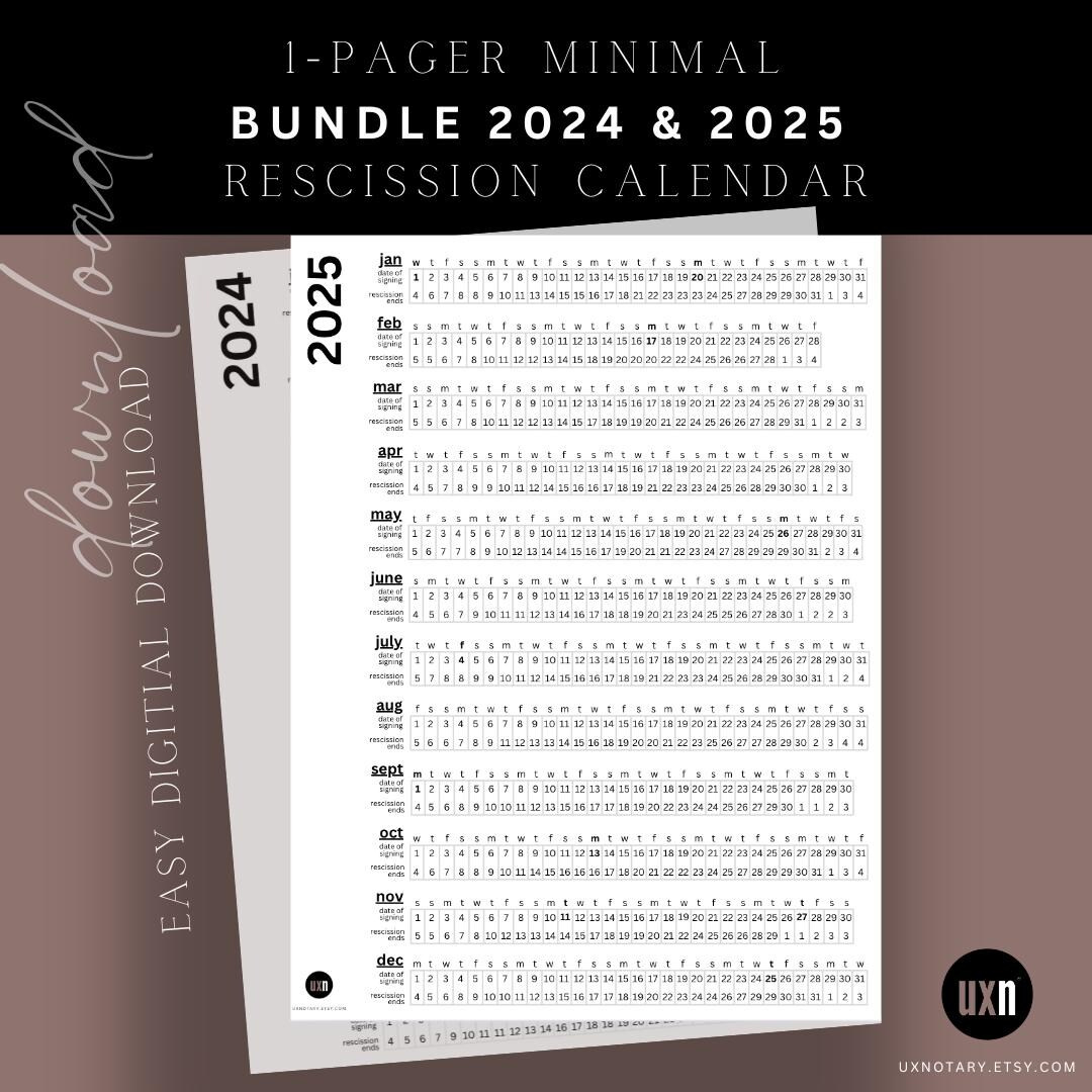 Bundle 2024 &amp; 2025 Rescission Calendar Minimal Design Loan Signing | 2025 Rescission Calendar Printable