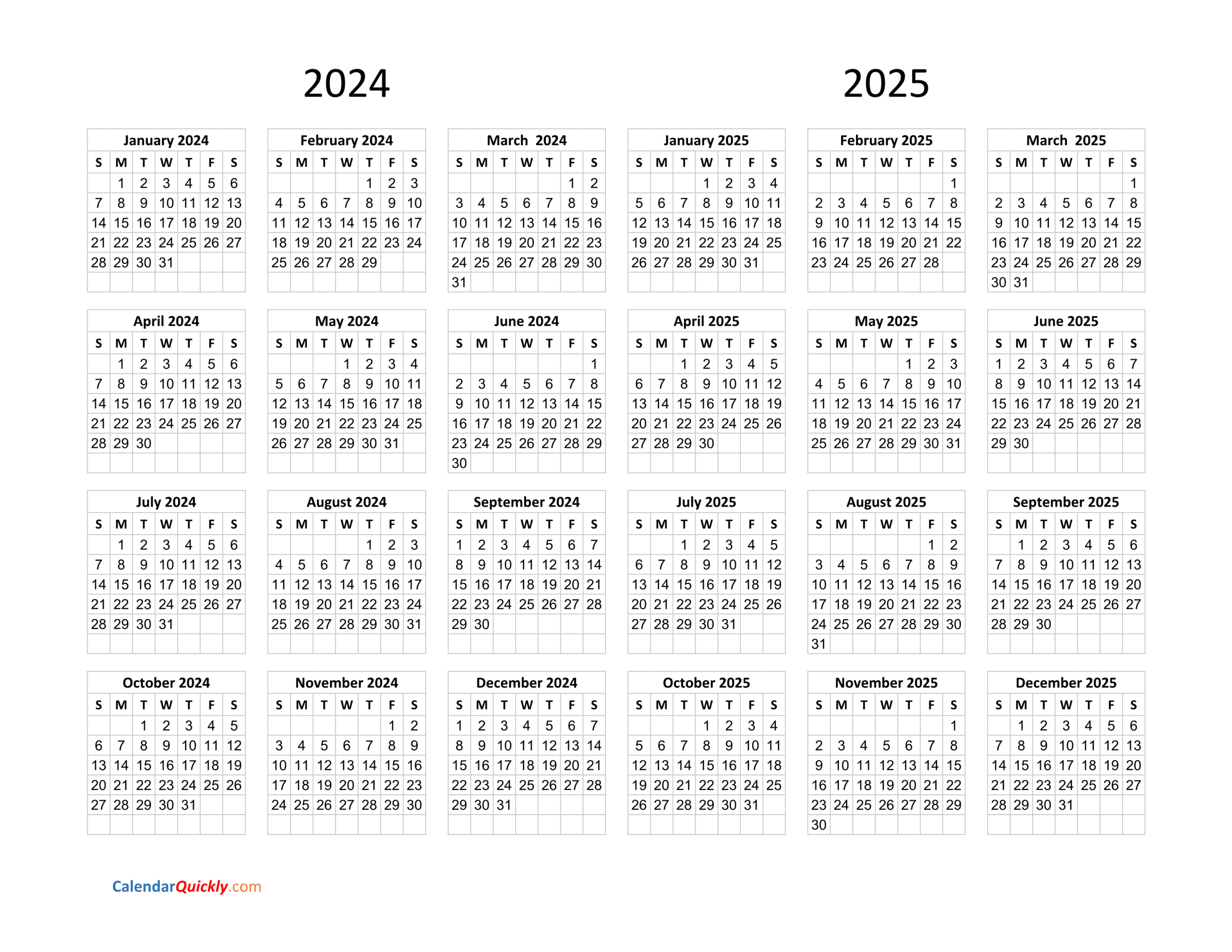 Calendar 2024 And 2025 On One Page | Calendar Quickly | 2024 - 2025 Monthly Calendar Printable