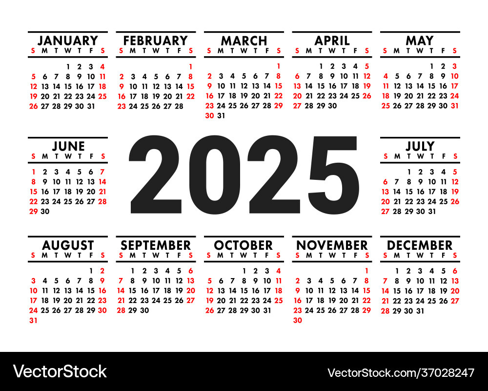 Calendar 2025 English Horizontal Wall Or Pocket Vector Image | 2025 Pocket Calendar Printable