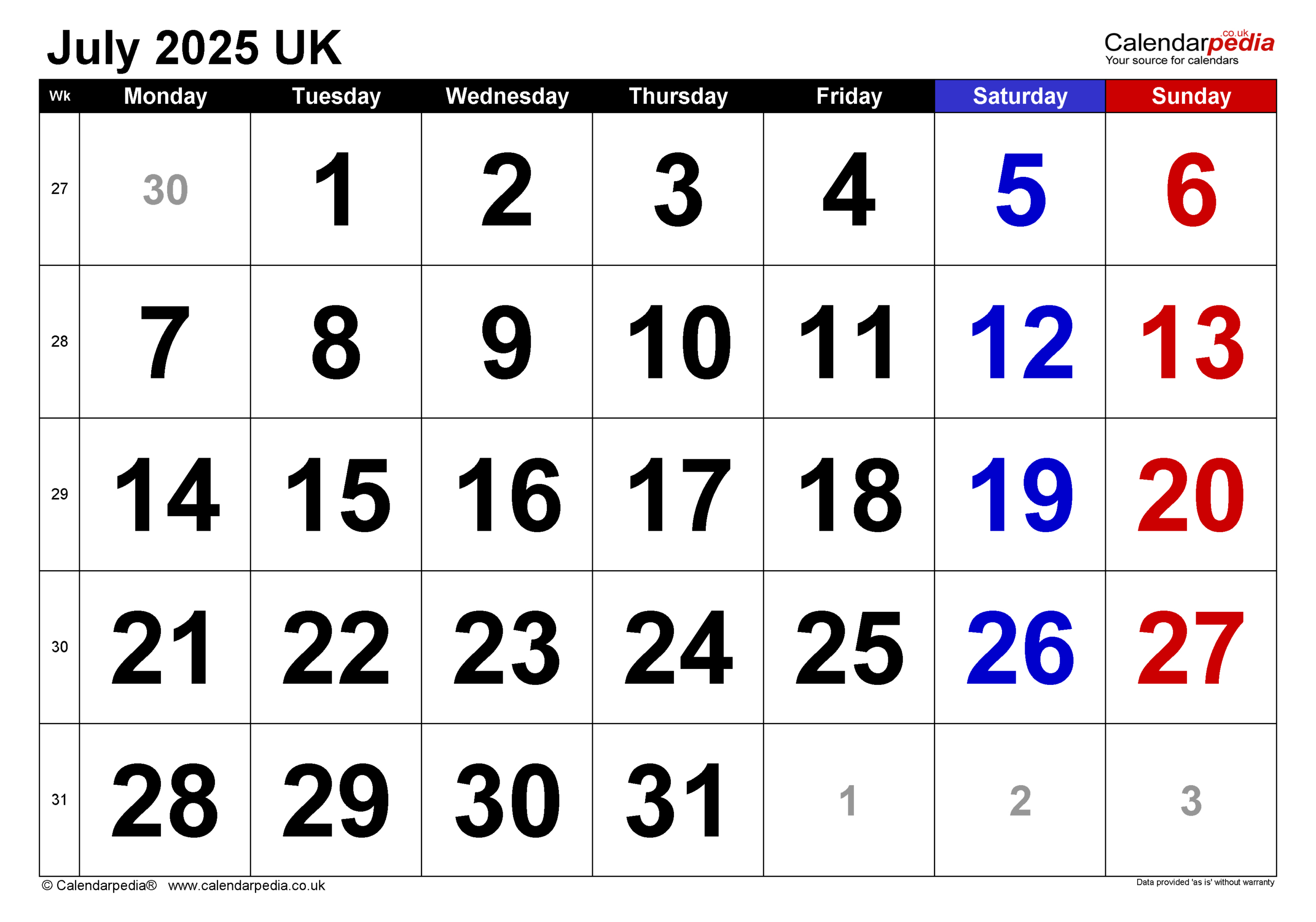 Calendar July 2025 Uk With Excel, Word And Pdf Templates | 2025 July Printable Calendar