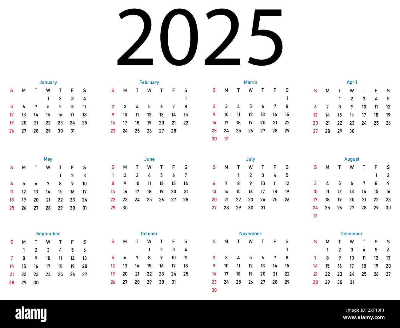 Calendar Template For 2025 Year. Week Starts On Sunday Stock | 2025 Calendar Template Printable