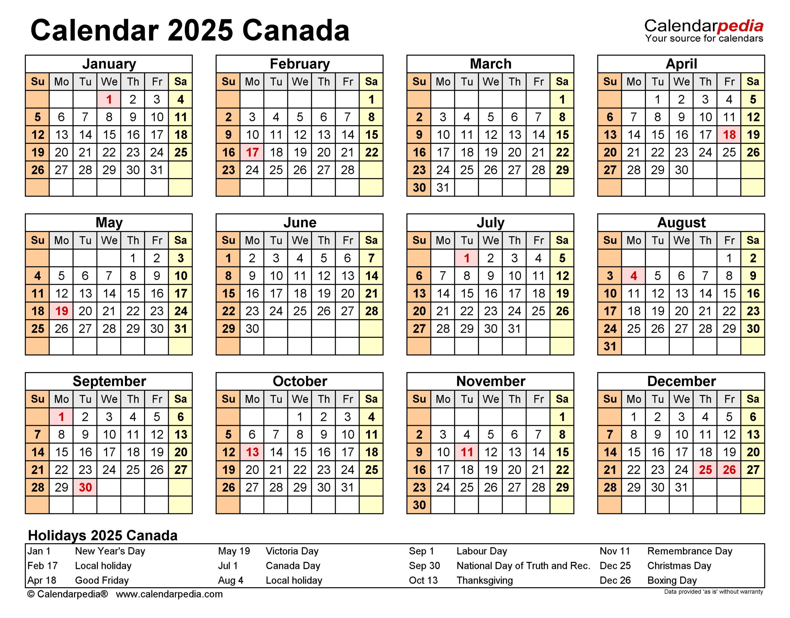 Canada Calendar 2025 - Free Printable Pdf Templates | 2025 Calendar Canada with Holidays Printable