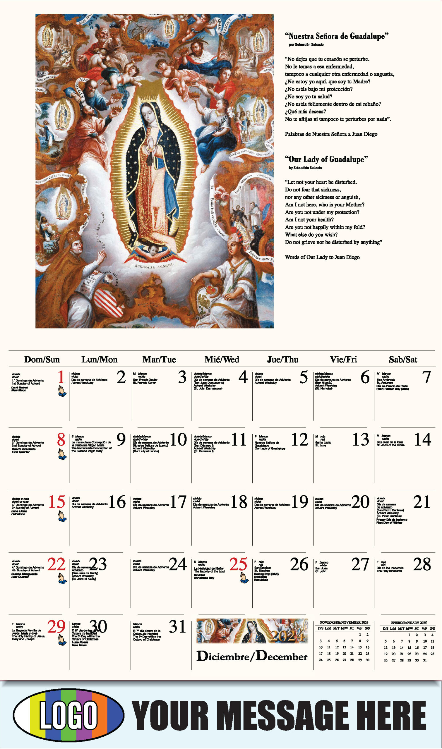 Catholic Inspiration (Spanish-English Bilingual) | 2025 Calendar with Religious Holidays Printable