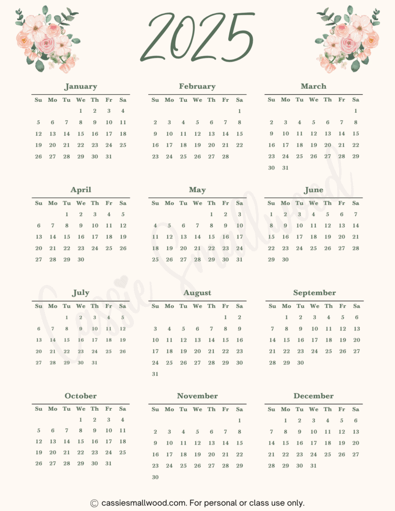 Cute 2025 Free Printable Monthly Calendars - Cassie Smallwood | Aesthetic Calendar 2025 Printable