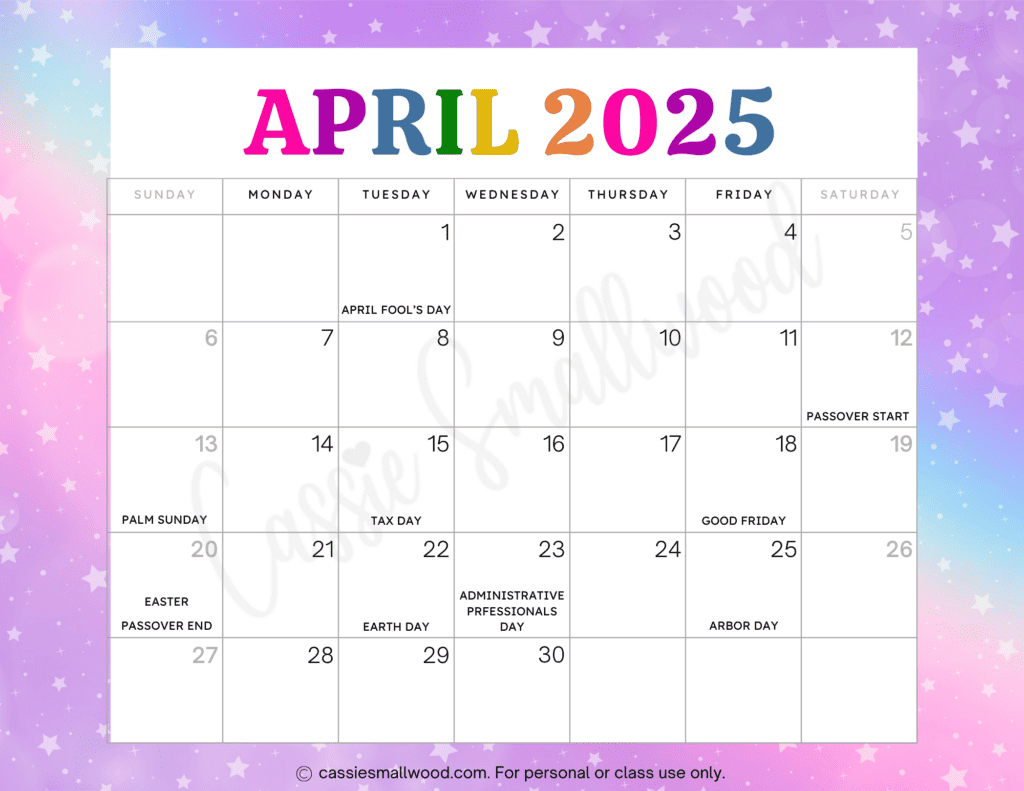 Cute 2025 Free Printable Monthly Calendars - Cassie Smallwood | April 2025 Calendar With Holidays Printable Free