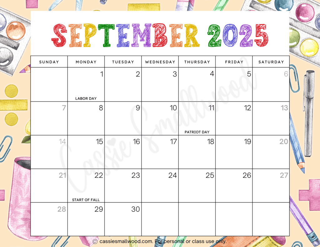 Cute 2025 Free Printable Monthly Calendars - Cassie Smallwood | Free Printable September 2025 Calendar with Holidays