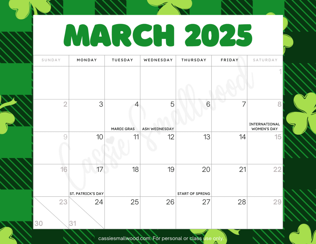 Cute 2025 Free Printable Monthly Calendars - Cassie Smallwood | Printable March 2025 Calendar With Holidays