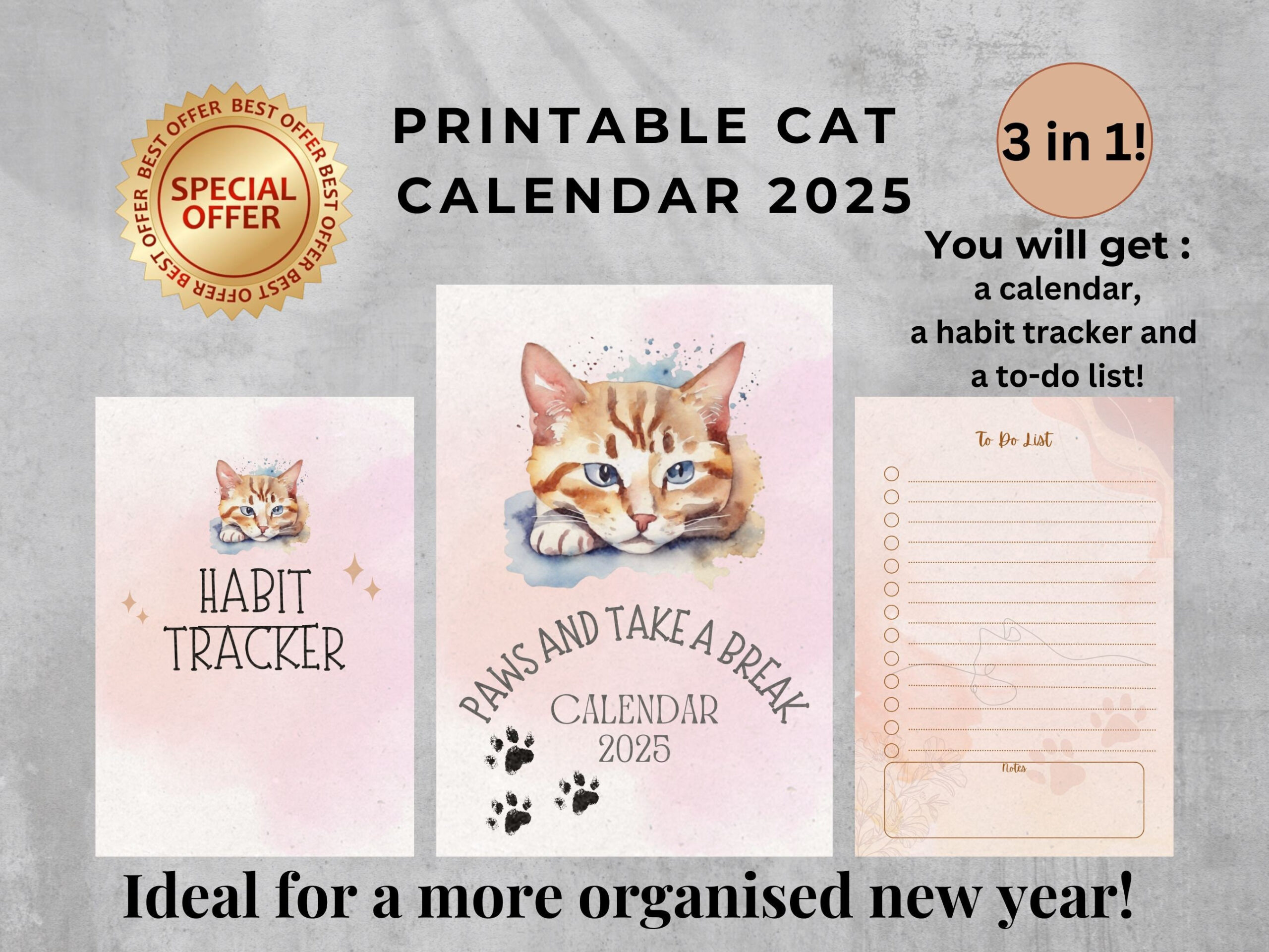 Cute Cat Calendar 2025, Cats Monthly Calendar, Adorable Printable | Free Printable Cat Calendar 2025