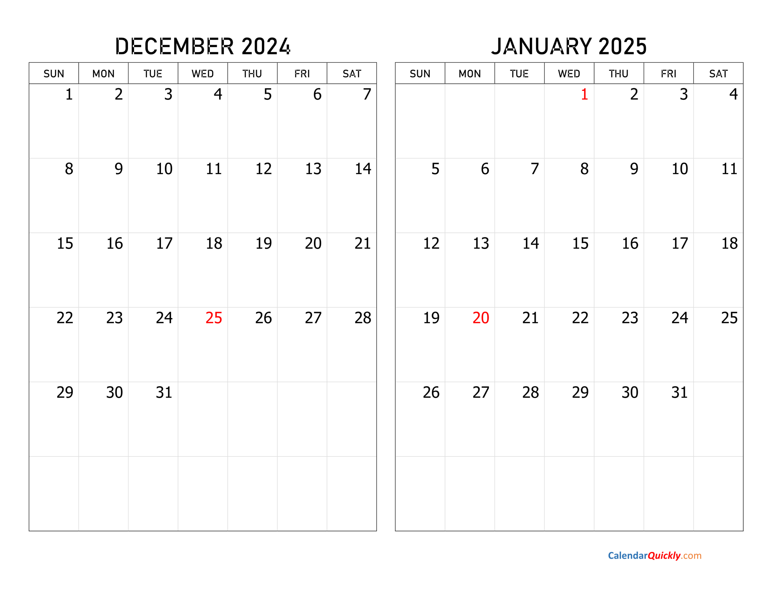 December 2024 And January 2025 Calendar | Calendar Quickly | Printable Calendar Dec 2024 Jan 2025