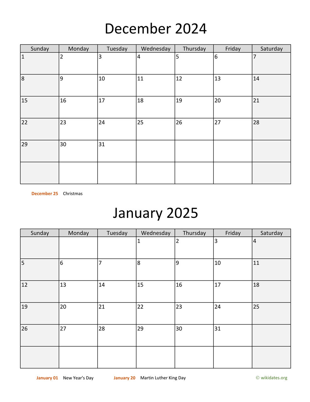 December 2024 And January 2025 Calendar | Wikidates |  Calendar 2025