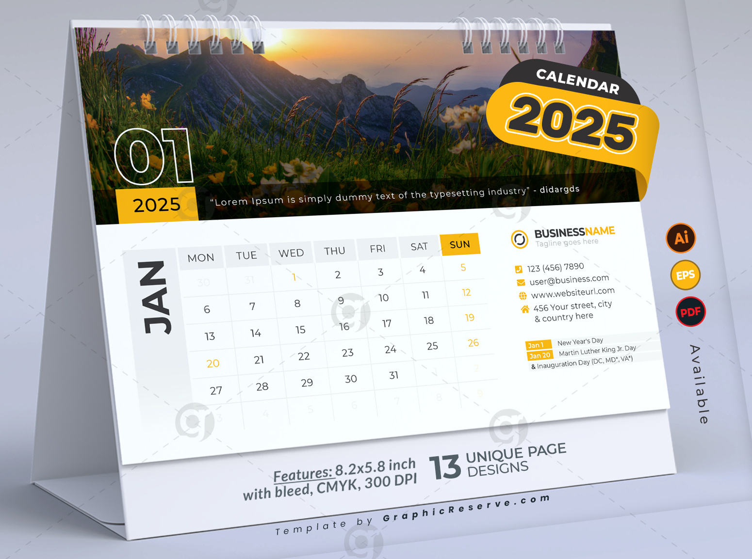 Desk Calendar 2025 Template Design Vol.01 (Adobe Illustrator) - Graphic  Reserve | 2025 Desk Calendar Printable