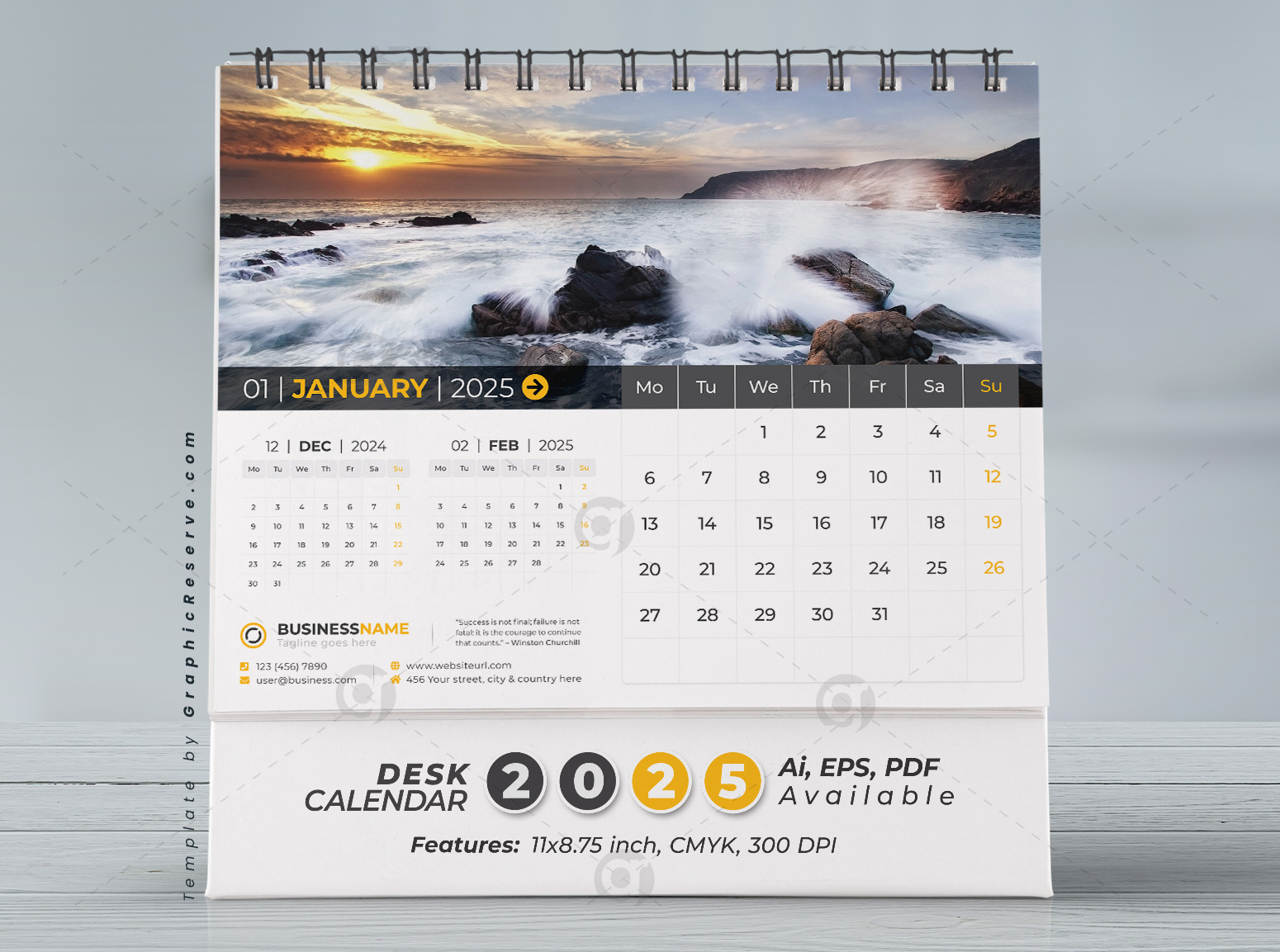 Desk Calendar 2025 Template Design Vol.07 (Adobe Illustrator) - Graphic Reserve | 2025 Desk Calendar Printable