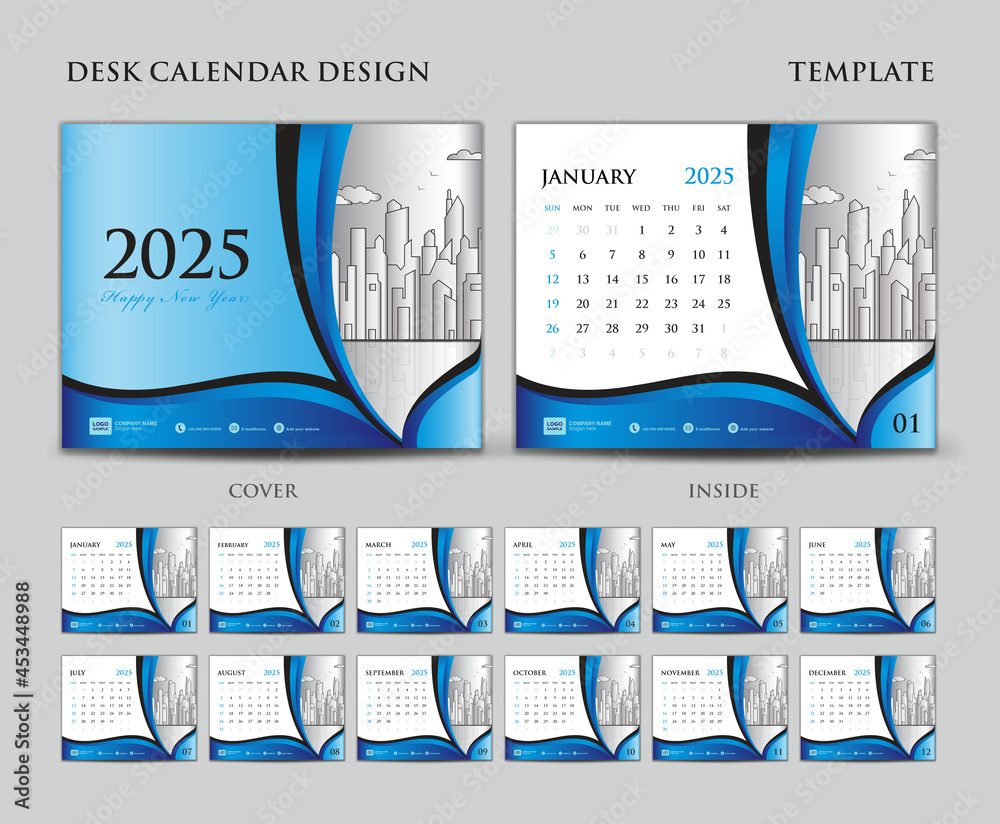 Desk Calendar 2025 Template Set, Cover Design, Blue Background | Printable 2025 Desk Calendar