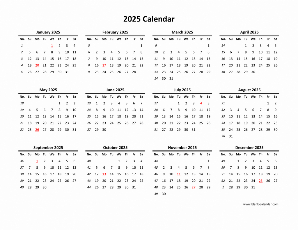 Download Blank Calendar 2025 (12 Months On One Page, Horizontal) | Calendar 2025