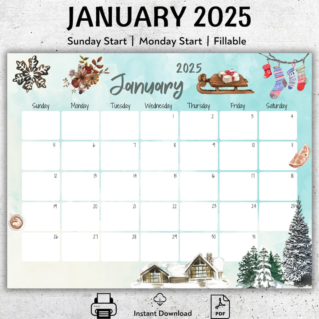 Editierbarer Kalender Januar 2025, Schöner Winter, Druckbarer Januarplaner, Befüllbarer Kalender, Verschneites Haus Und Bäume, Monatlicher | Fillable Calendar 2025 Printable