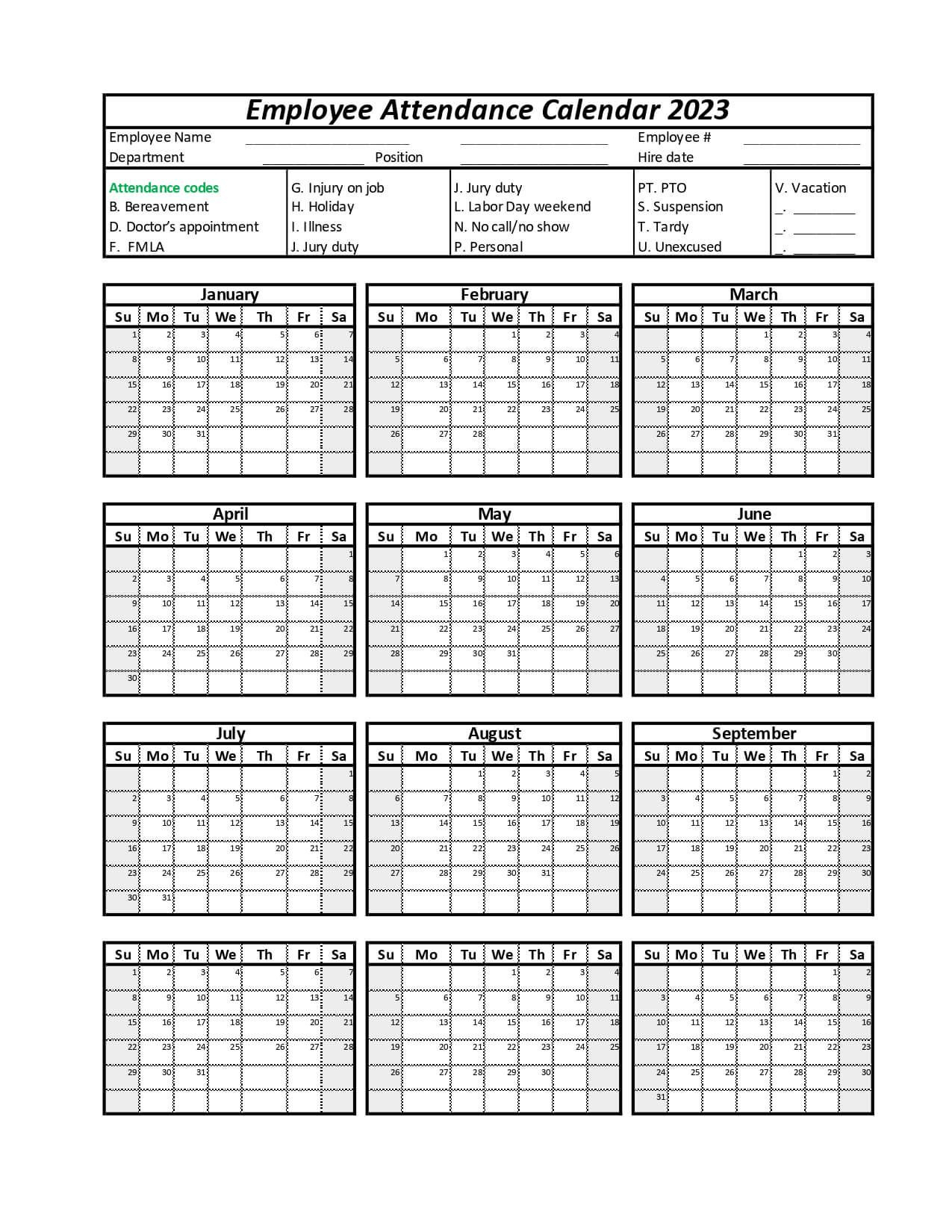 Employee Attendance Calendar | Leave Board | 2025 Attendance Calendar Printable Free