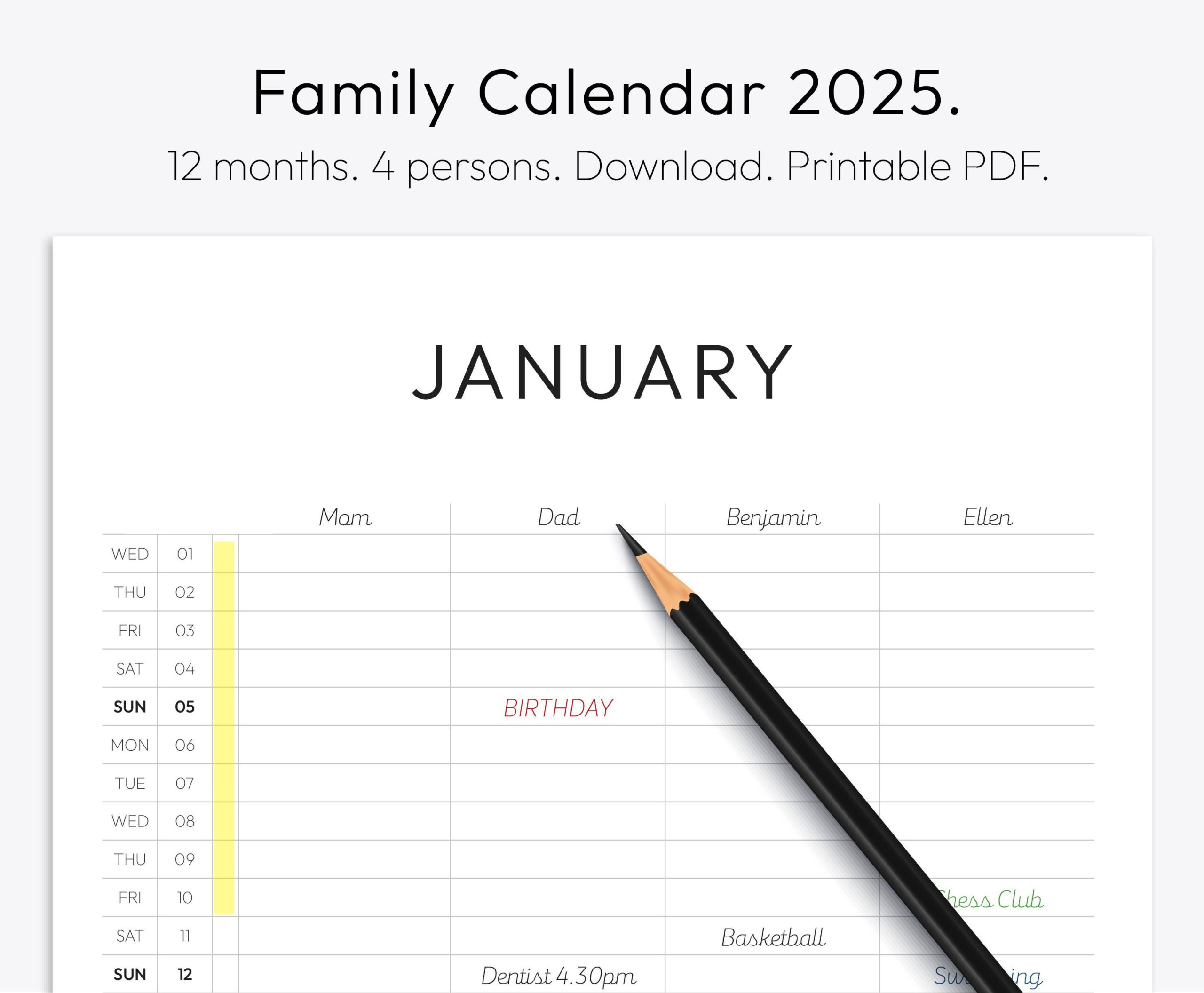 Familienplaner, Familienkalender, 2025, Wandkalender | Printable Family Calendar 2025