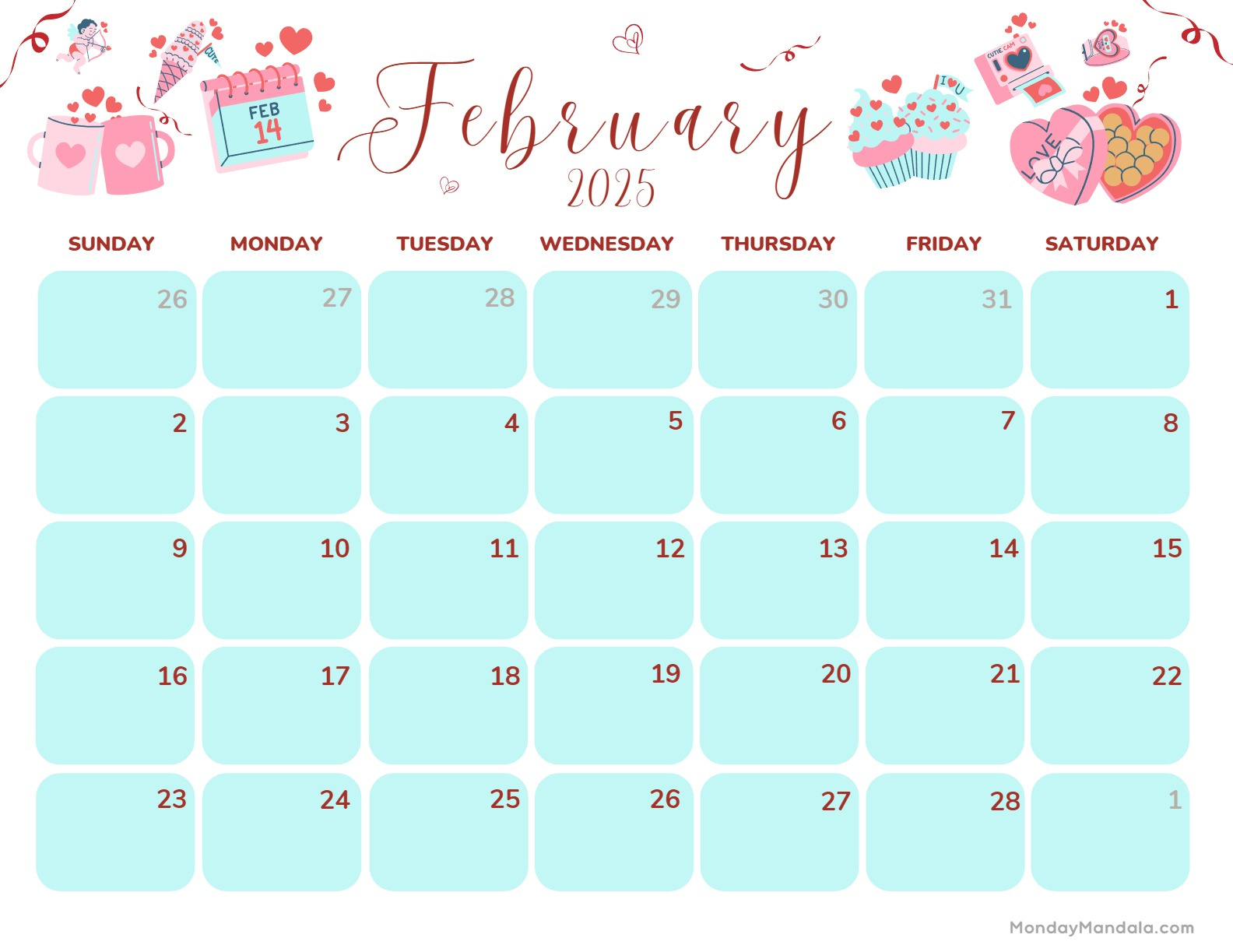 February 2025 Calendar (52 Free Pdf Printables) | Cute February 2025 Calendar Printable