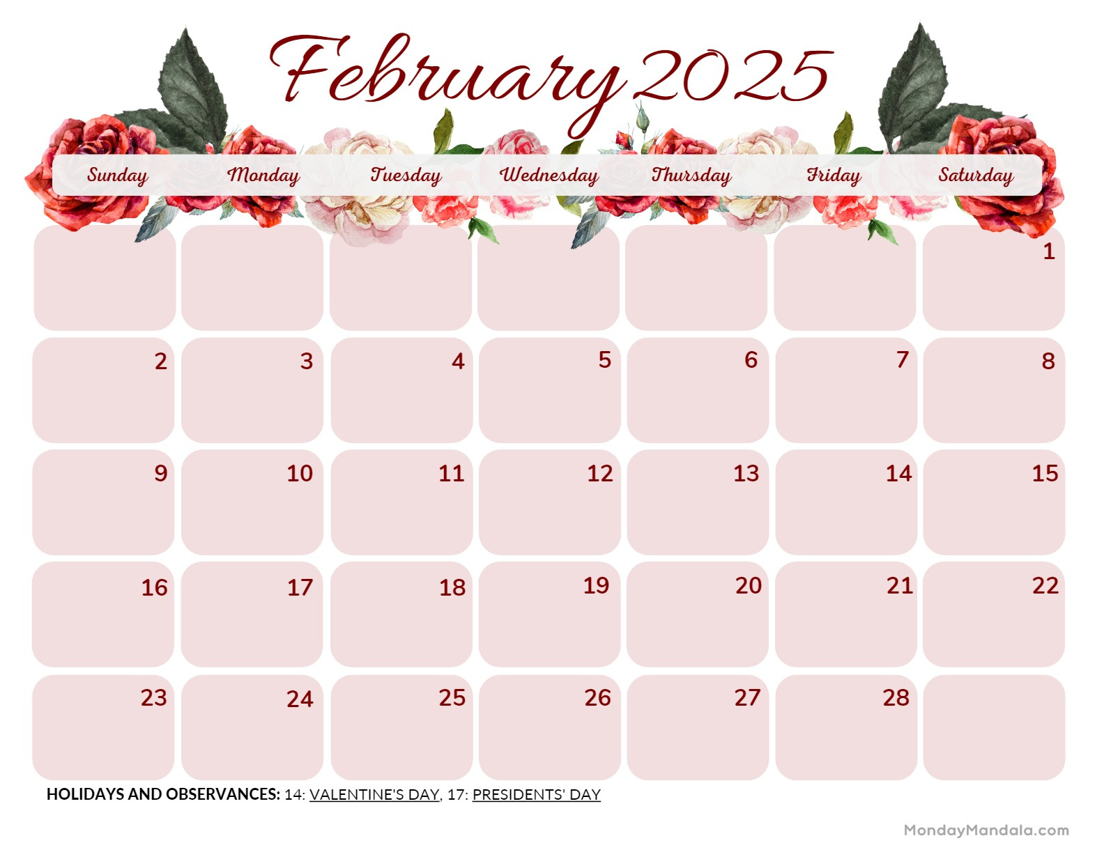 February 2025 Calendar (52 Free Pdf Printables) | February 2025 Calendar with Holidays Printable